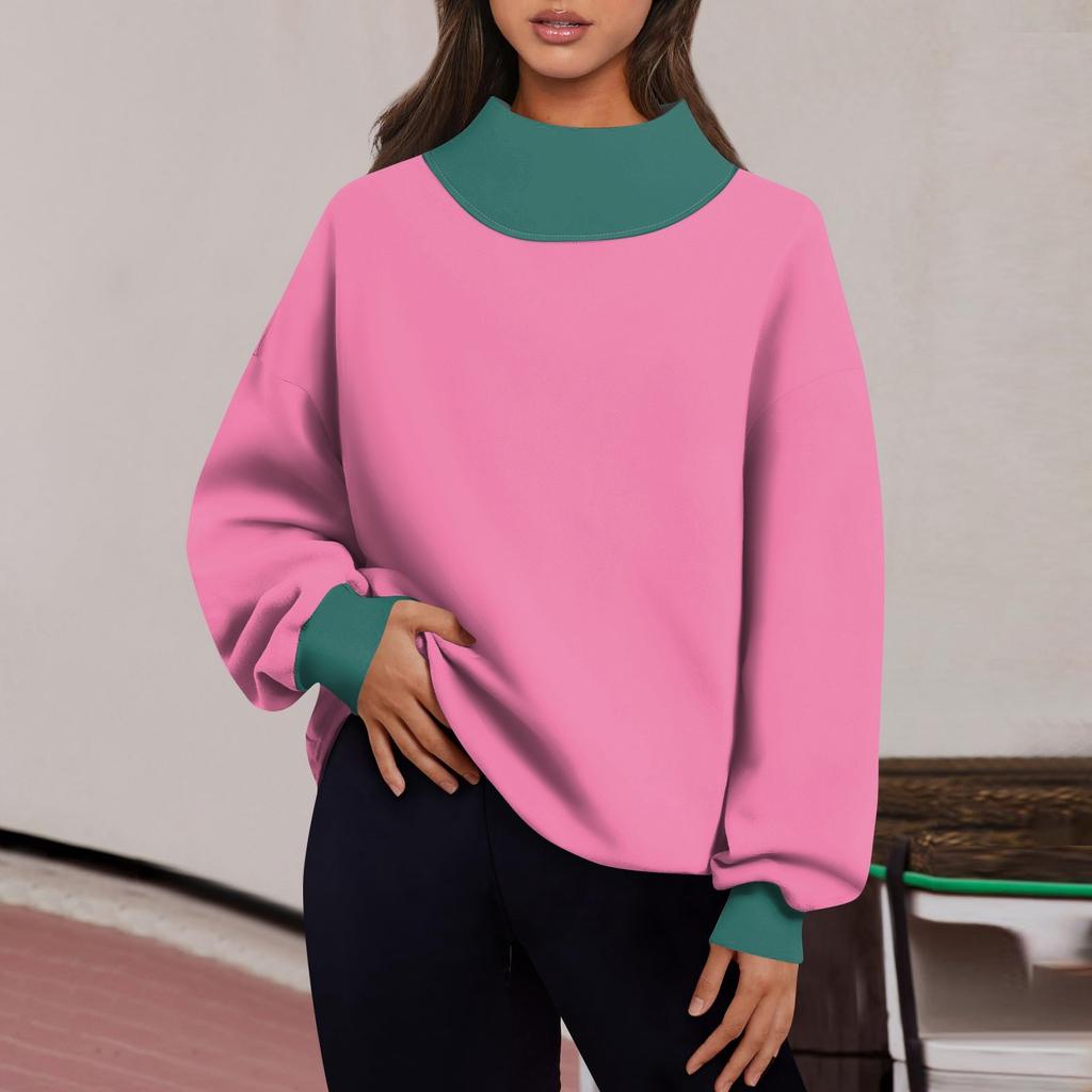 Женская мода с длинным рукавом и цветными блоками, свободная водолазка с разрезом и половиной водолазки, топ