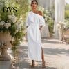Daily Wear Dress Women One Shoulder Long Dress, Solid Color Tie Waist Side Split Everyday Dresses Casual Party Sleeve Maxi for Summer Office