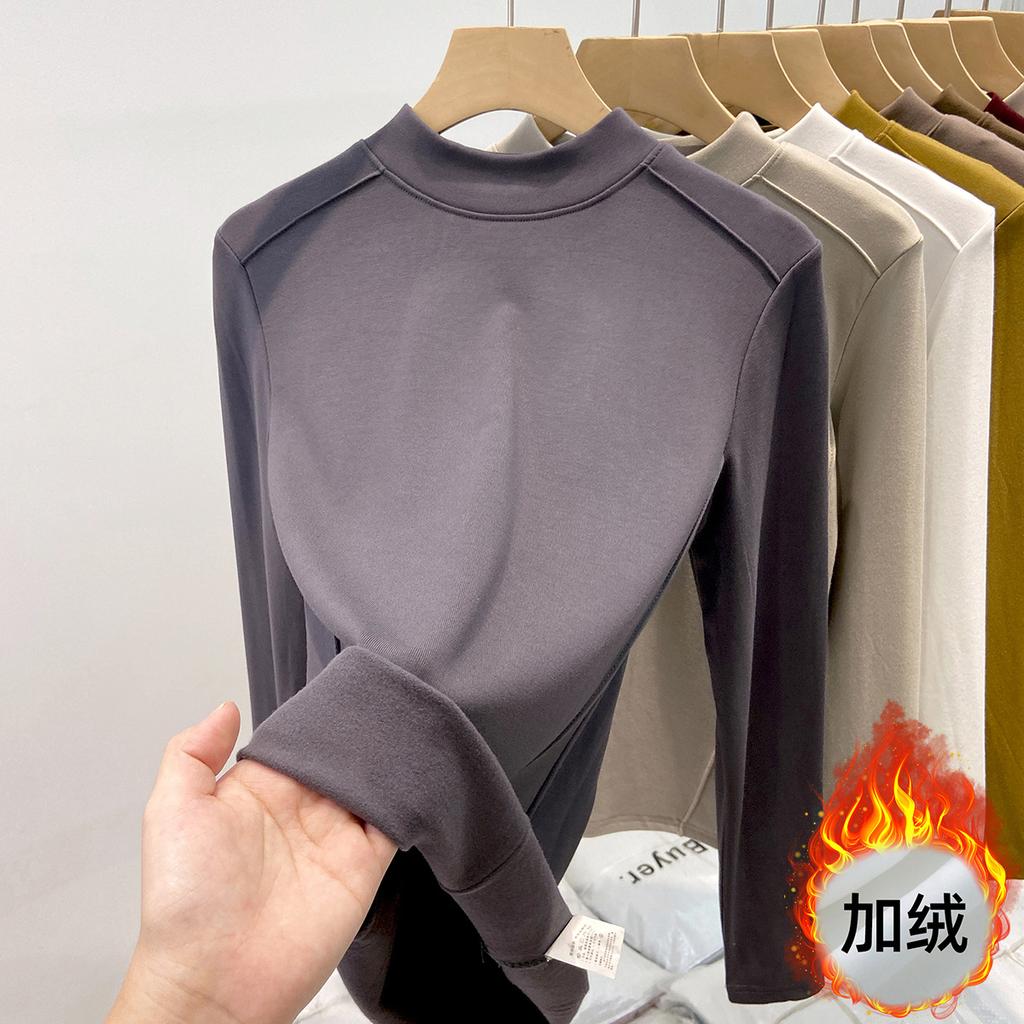 Флисовая полированная футболка с маленьким воротником-стойкой для женщин, весенняя, спереди «рыбья кость», плечо слим-фит, с длинным рукавом, футболка с топом внутри