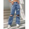 Женские рваные джинсы Streetwear Denim Jeans Ladies Regluar Straight Long Pants Pantalones de mujer