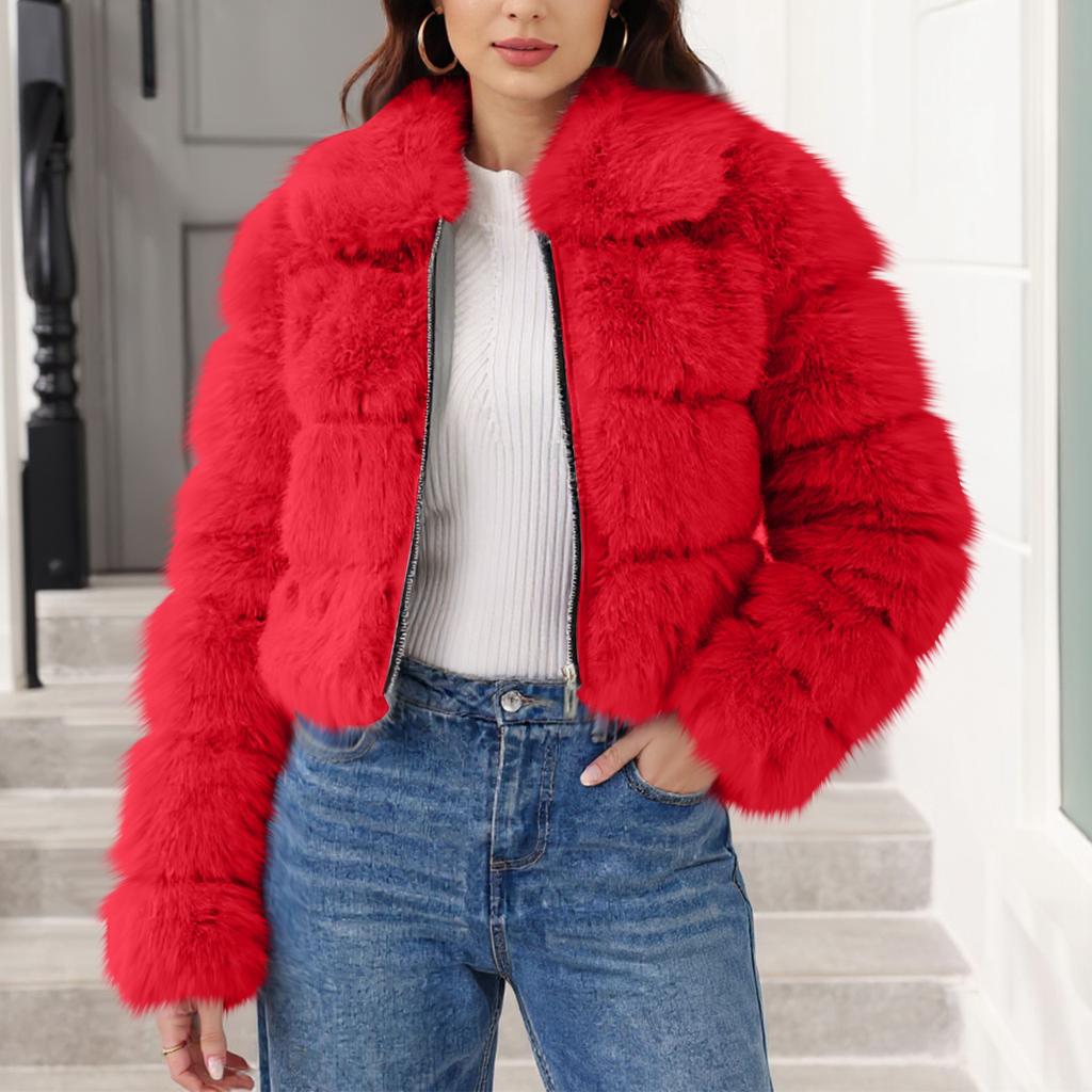 Women's Fashionable Warm Long Sleeve Solid Color Furry Collar Coat