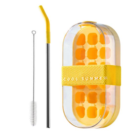 2-in-1 Water Bottle Ice Tray with Straw, One-Click Release, Portable Water Bottle Vertical Ice Cube Mold for Freezer