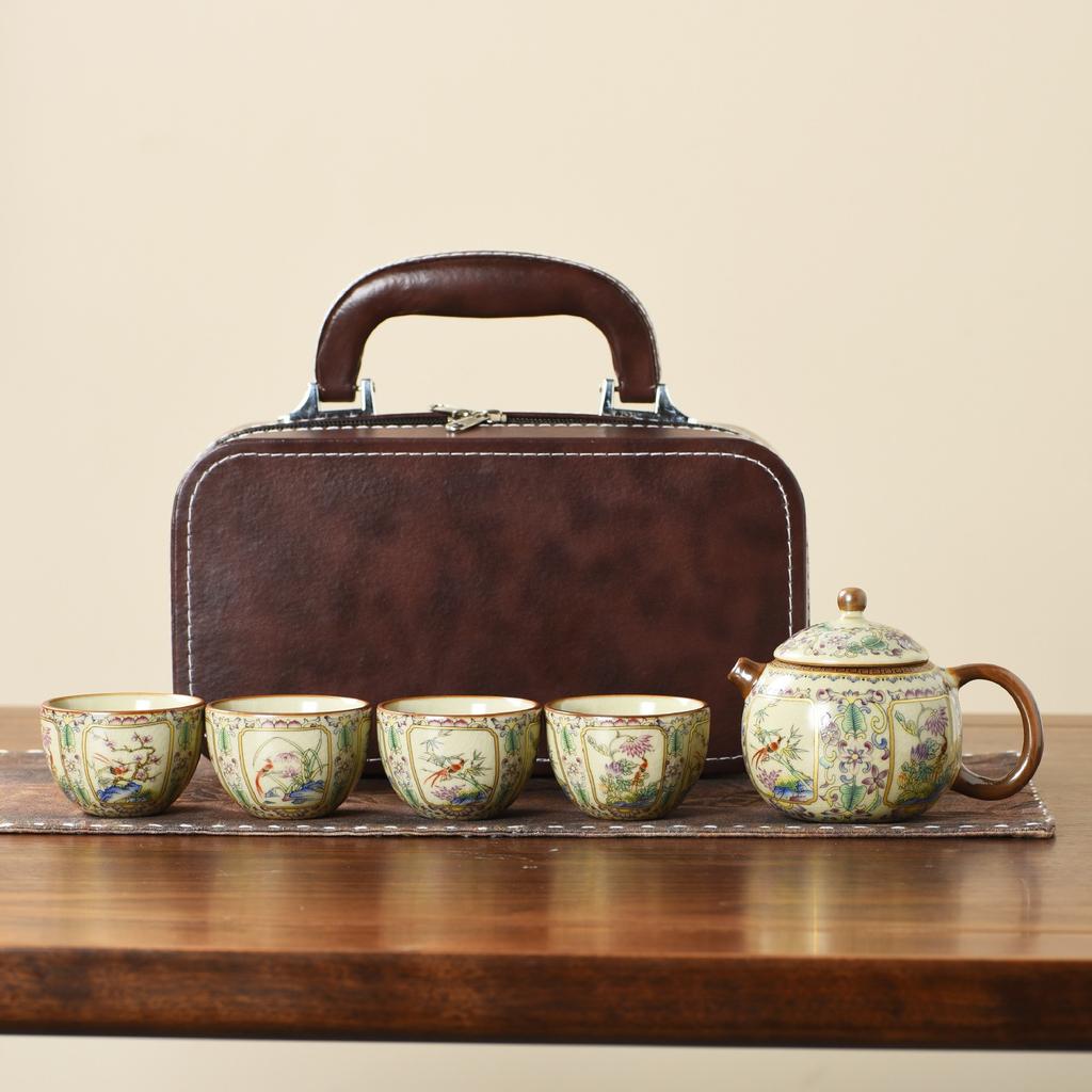 Ru Kiln Travel Tea Set One Pot Four Cups With Gift Box Outdoor Portable Tea Pot Ceramic Business Gifts