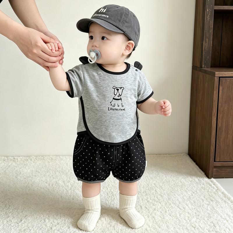 Infant Suit Summer New Boys And Girls Gray T-Shirt Polka Dot Dinosaur Tooth Shorts Foreign Style Summer Two-Piece Set