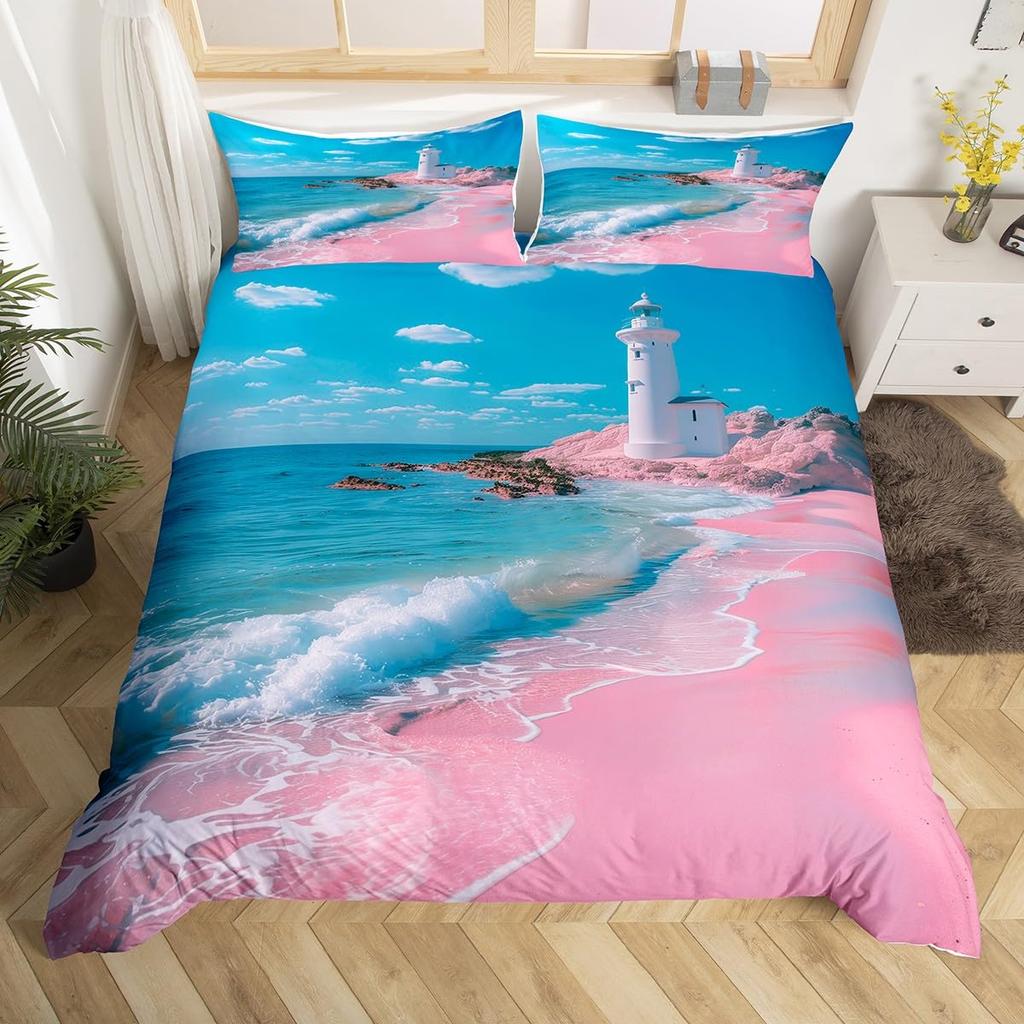 Nautical Comforter Cover Sailboat Lighthouse Duvet Cover Watercolor Ocean Themed Bedding Set Summer Beach Polyester Quilt Cover