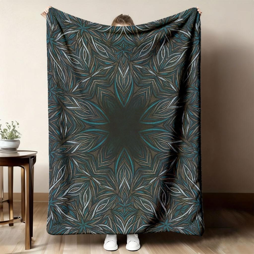 152 4x203 2cm Blanket Dark Blue Black Teal White Geometric Mandala Print Plush AllSeason Soft Throw for Sofa & Home Decor Machine