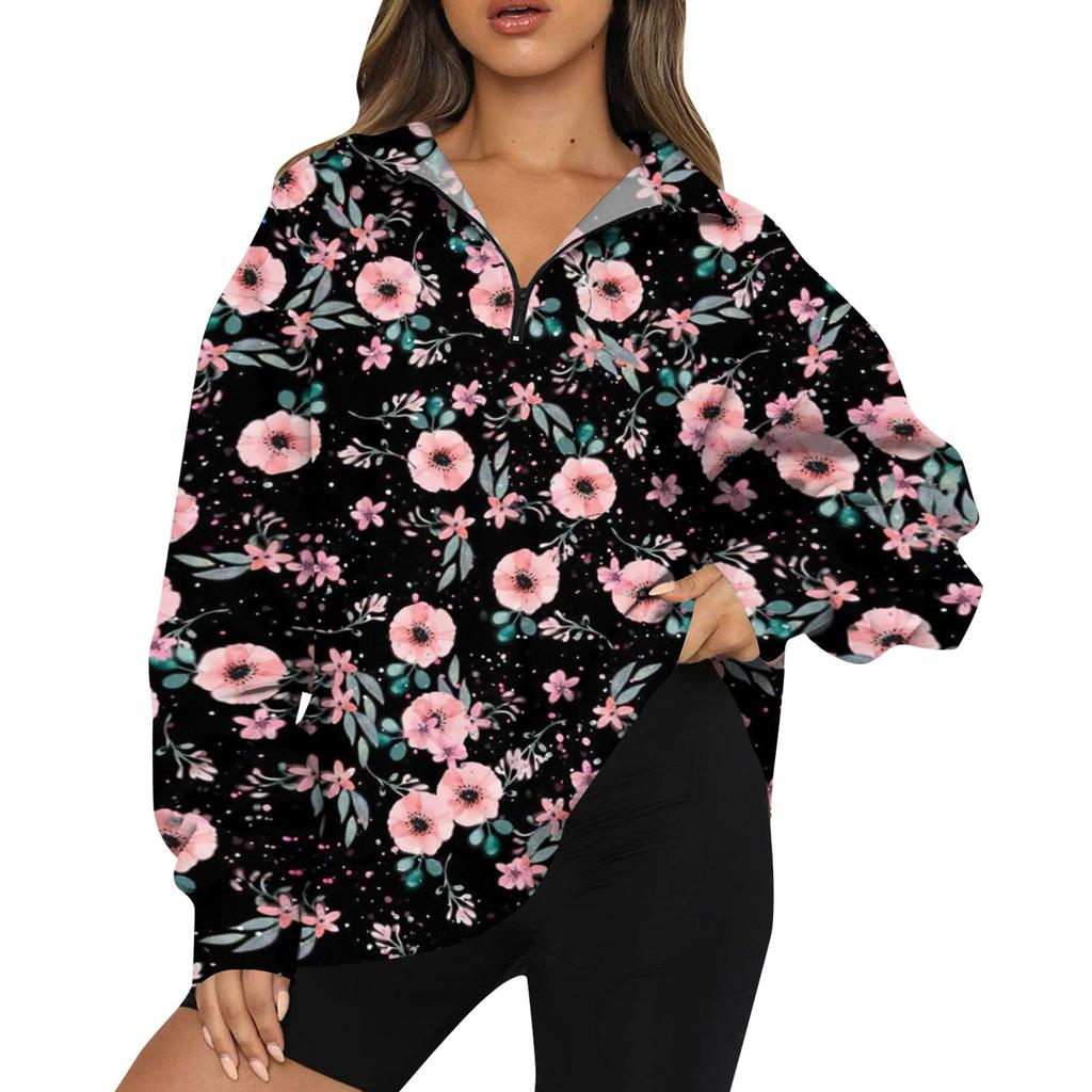 Women's Casual Fashion Long Sleeve Print Oversize Zip Sweatshirt Top