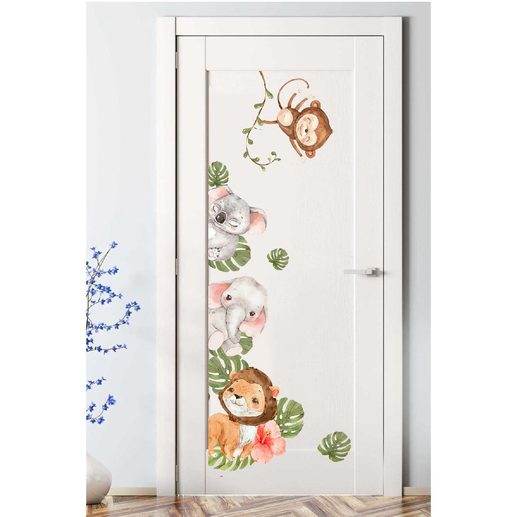 - Door Sticker - Watercolor Tropical Safari Animals Kids Room Door Sticker Set