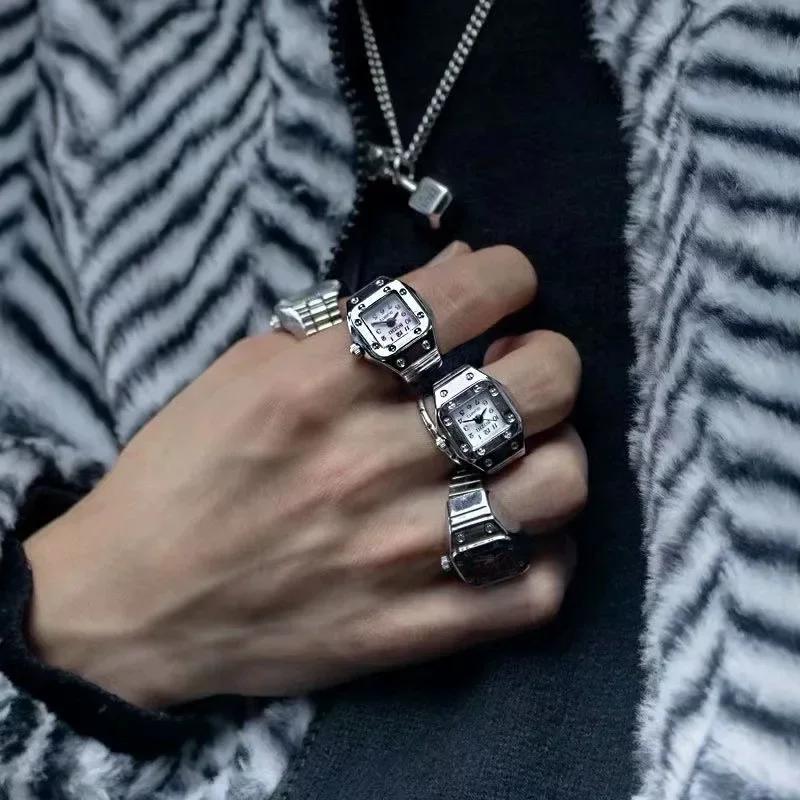 Кольцо-часы на палец для пары Винтажное Панк Эластичный сплав Ремешок Мужчины Женщины Украшения Часы Циферблат с римскими цифрами 28 Стилей Мини-кварцевые часы