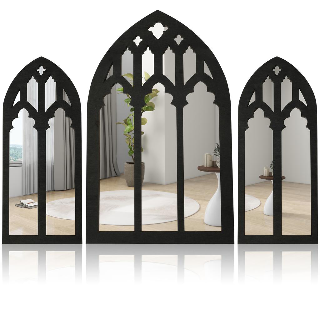 3Pcs Gothic Arched Window Wall Mirror Set Self-Adhesive Cathedral Arched Mirror Rustic Farmhouse Accent Mirror for Home Decor