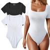 Women's Bodysuits Sexy Ribbed One Piece Square Neck Short Sleeve Bodysuits  Double Lined Thong Bodysuit