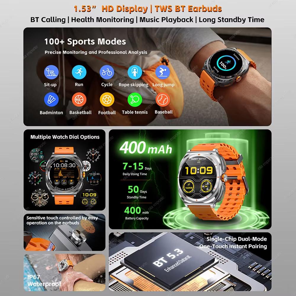 2025 New Smart Watch TWS Headset 2 In 1 AMOLED Wireless Headset Bluetooth Call Outdoor Sport Music Health Monitor Smartwatch Men