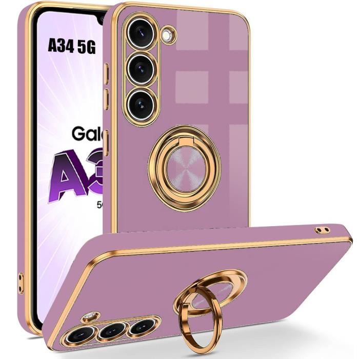 Case - BOOLING - for Samsung Galaxy A34 5G - Shockproof Silicone - Purple - 360° Rotating Ring