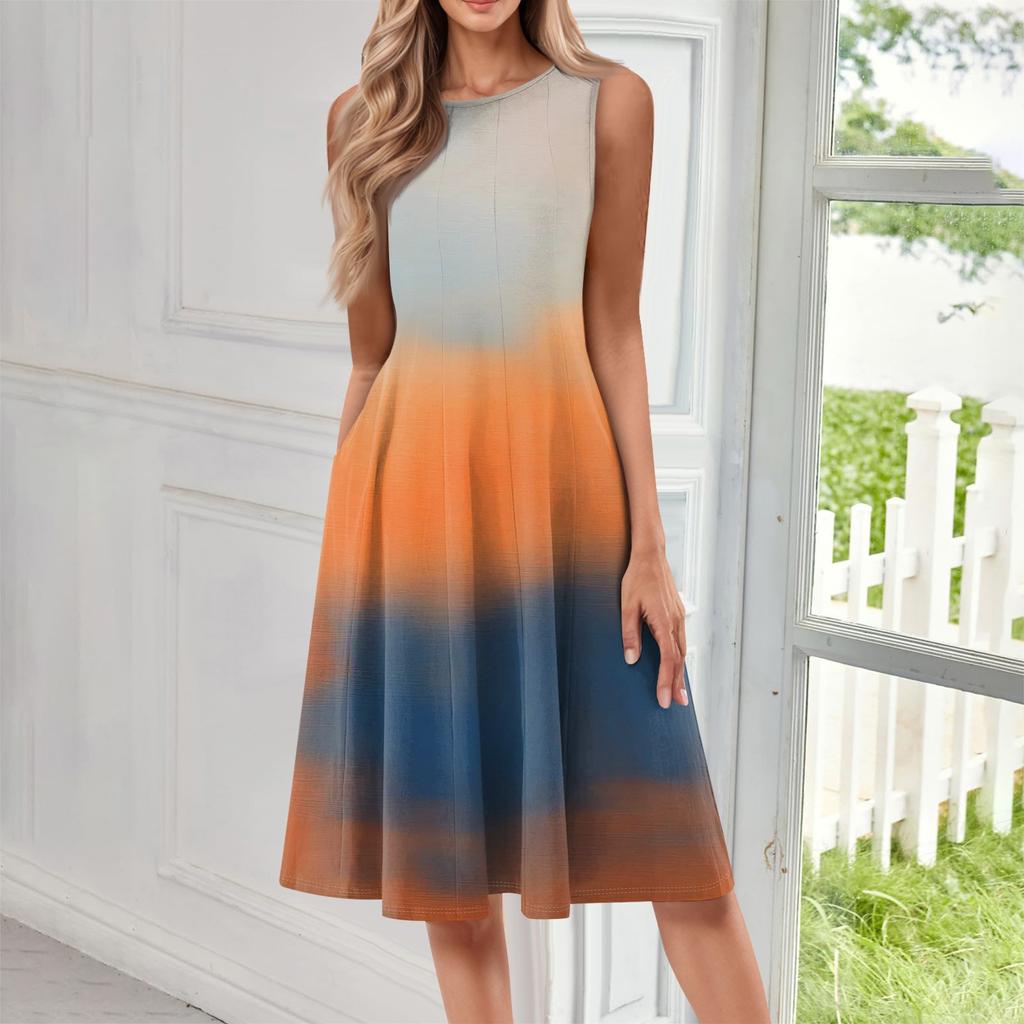 Women's Fashionable Round Neck Sleeveless Printed Casual Pullover Mid Length Dress