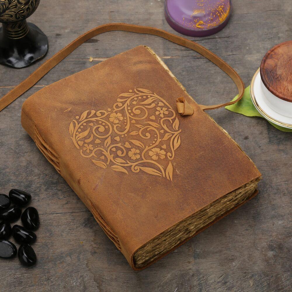 Heart Embossed Leather Journal Vintage Antique Deckle Edge Paper Sketchbook Gift