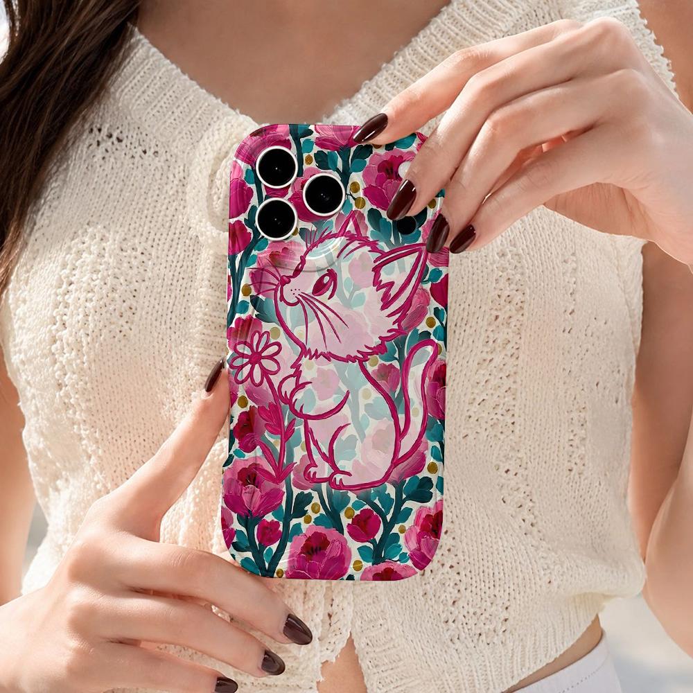 Floral Line Art Cat Wavy Edge Phone Case For iPhone 16 15 14 Pro Max 13 12 11 Mini XR XS SE 2020 7 8 Plus Air Cover Frame