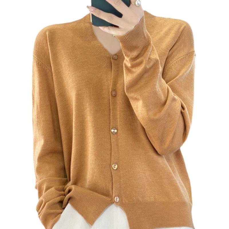 Spring New Knitted Wool Cardigan V-Neck Jacket Solid Color Wool Sweater Long-Sleeved Thin Top Knitted Cardigan