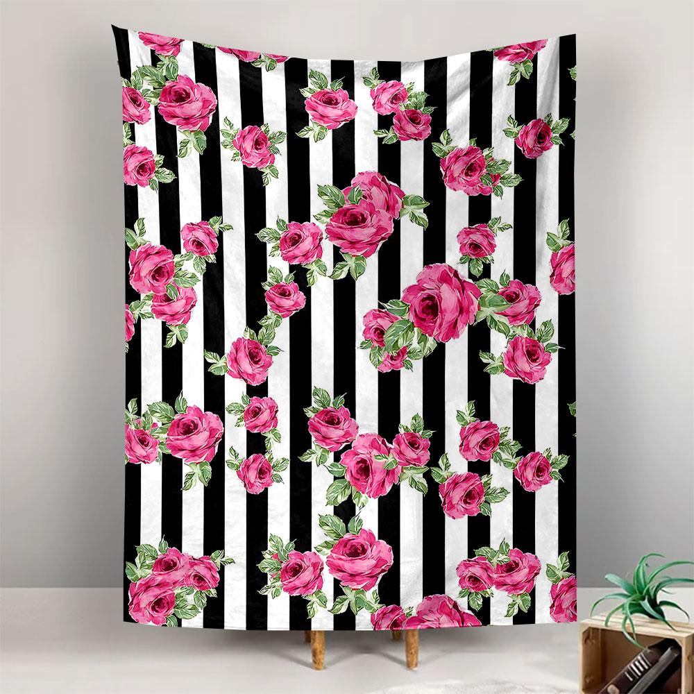 Pink Roses on Black White Vertical Stripes Floral Pattern Wall Tapestry Shabby Chic Decor for Bedroom Girls