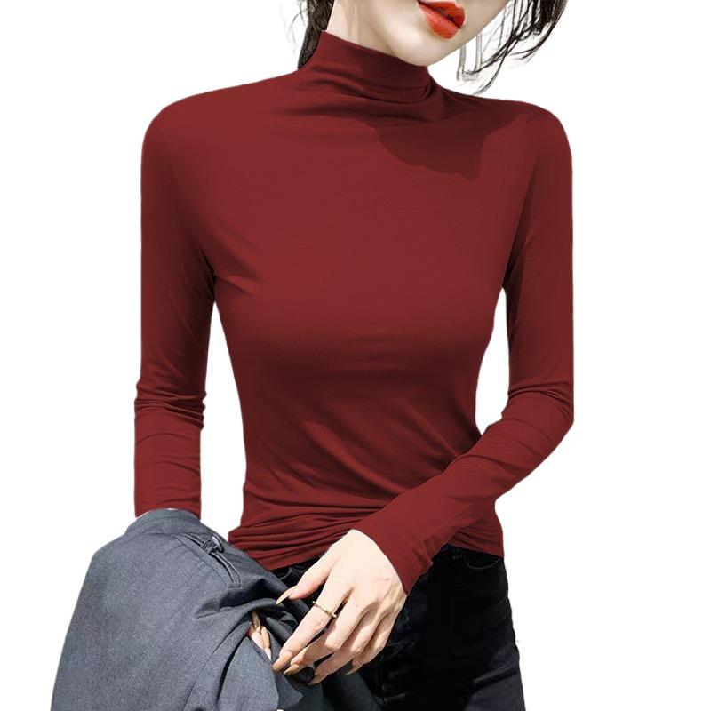Women's Autumn/Winter Slim Fit T-Shirt: Warm Pure Color Half-Turtleneck Long Sleeve Base Layer