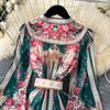 Spring Summer Women V-neck Vintage Print Chiffon Runway Dress Single Breasted Long Maxi Loose Holiday Beach Dresses with Belt