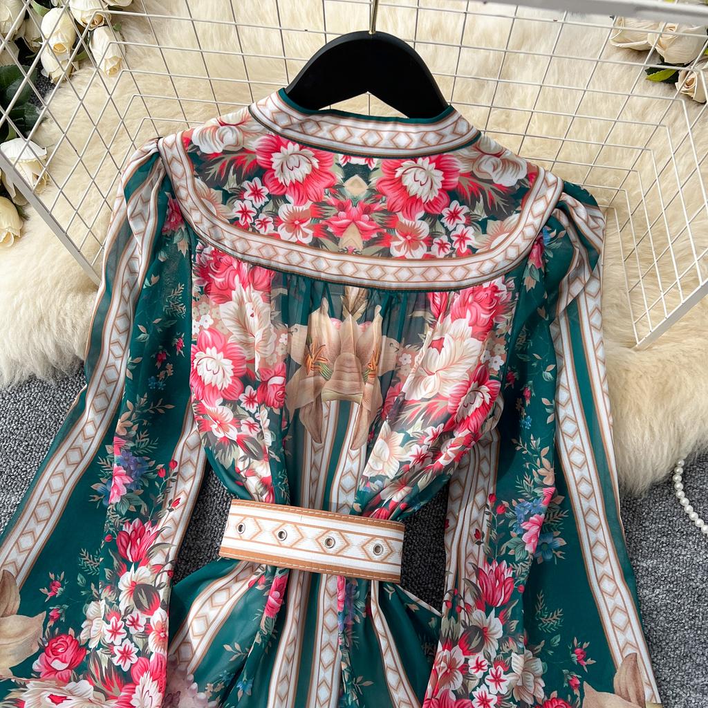 Spring Summer Women V-neck Vintage Print Chiffon Runway Dress Single Breasted Long Maxi Loose Holiday Beach Dresses with Belt