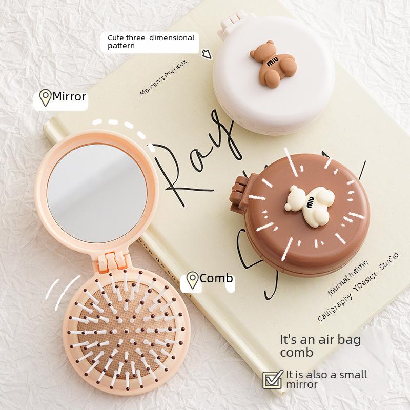 Складная расческа Bear Mini Air Cushion с зеркалом - портативный массажный набор «все в одном»