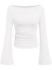 2025 Autumn Slim Fit Women's Boat Neck Bell Sleeve Ruched Top - Solid Color, Long Sleeve
