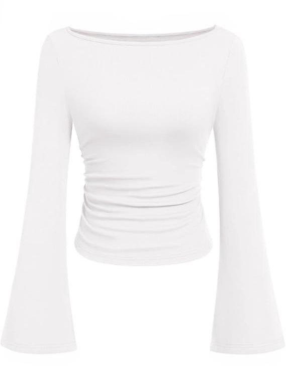 2025 Autumn Slim Fit Women's Boat Neck Bell Sleeve Ruched Top - Solid Color, Long Sleeve