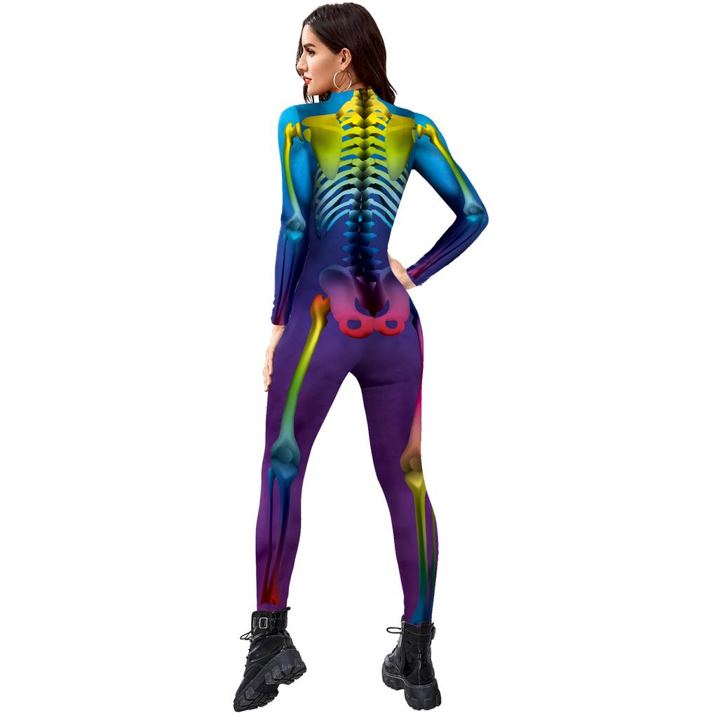 Scary Skeleton Printed Bodysuit Halloween Party Cosplay Costume for Adult Jumpsuit Zentai Catsuit Carnival Clothing