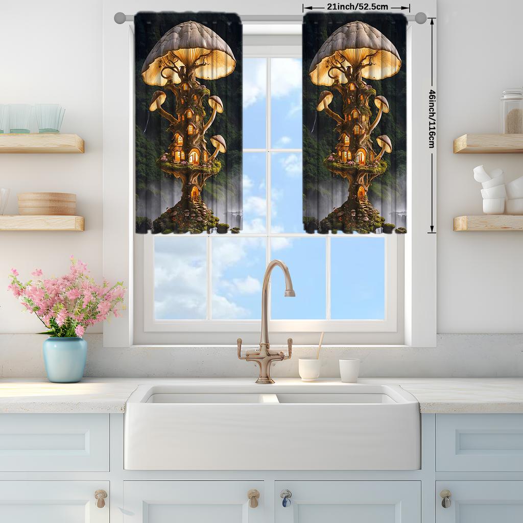 2pcs Mushroom House Pattern Printed Curtain for Home Decor - Rod Pocket Window Treatment for Bedroom, Office, Kitchen