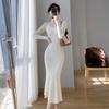 Sweater Dress Autumn and Winter Matching Coat Inner Layer Dress Women French V-neck Knitted Bottom Wrapped Hip Fishtail Dress