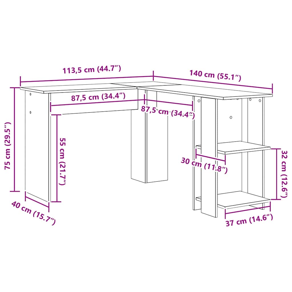 L shaped Desk with Shelf Grey Sonoma 140 x 113.5 x 75 cm