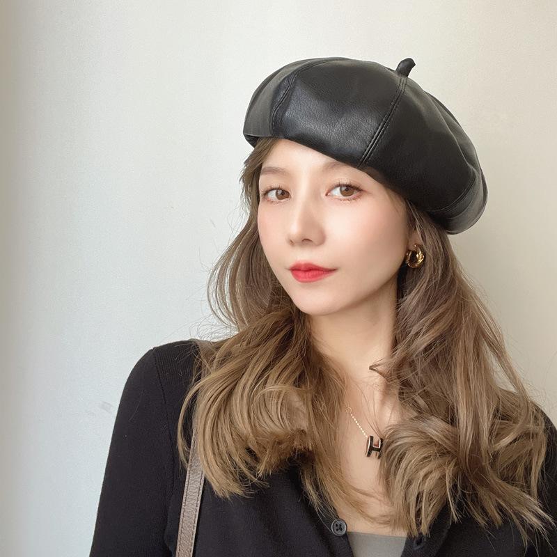 Японский однотонный берет из искусственной кожи женский черный универсальный маленький восьмиугольный головной убор ретро литературный художник шляпа бутон шляпа