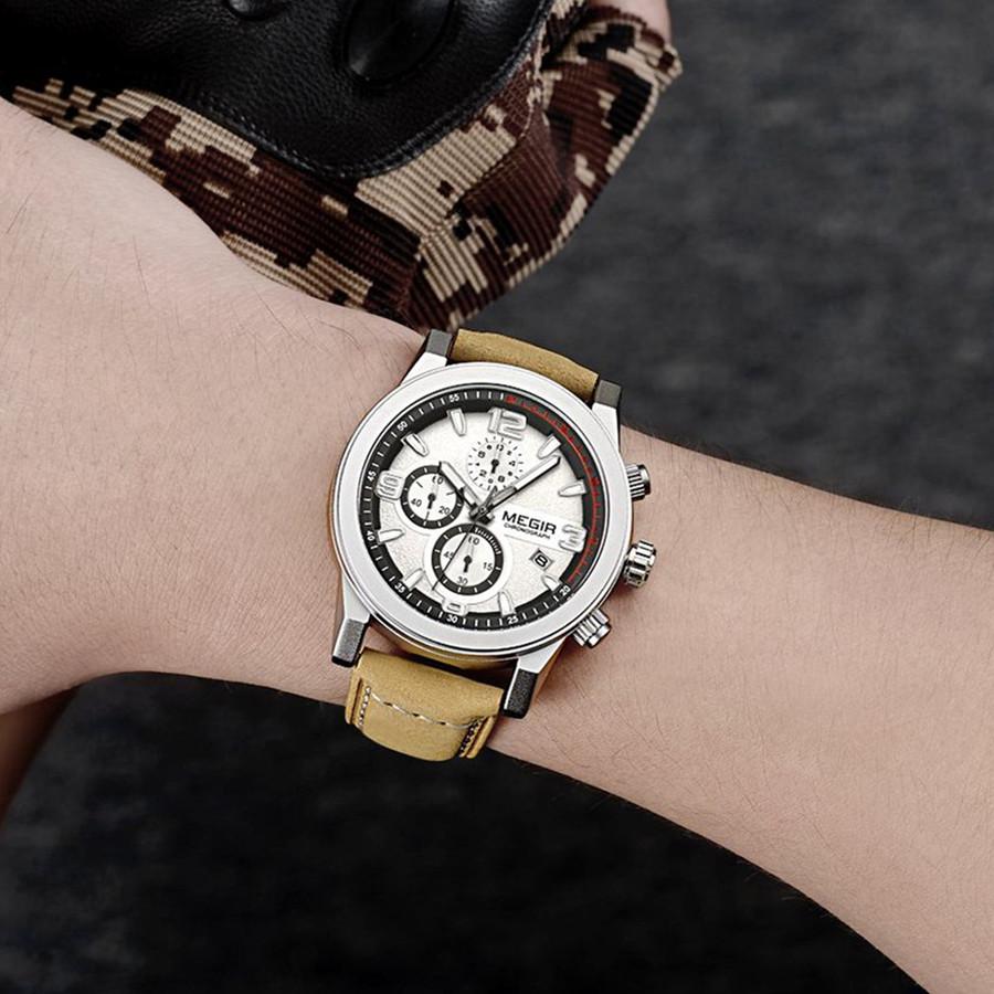 Повседневные спортивные часы-хронограф с кожаным ремешком, кварцевые наручные часы, водонепроницаемые, календарь, мужские деловые часы