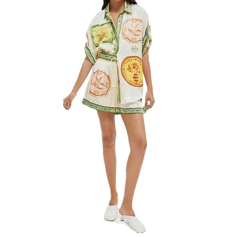 2026 spring new women's clothing cross-border foreign trade Europe, America, fashion and retro contrasting color printing drawstring button set 661