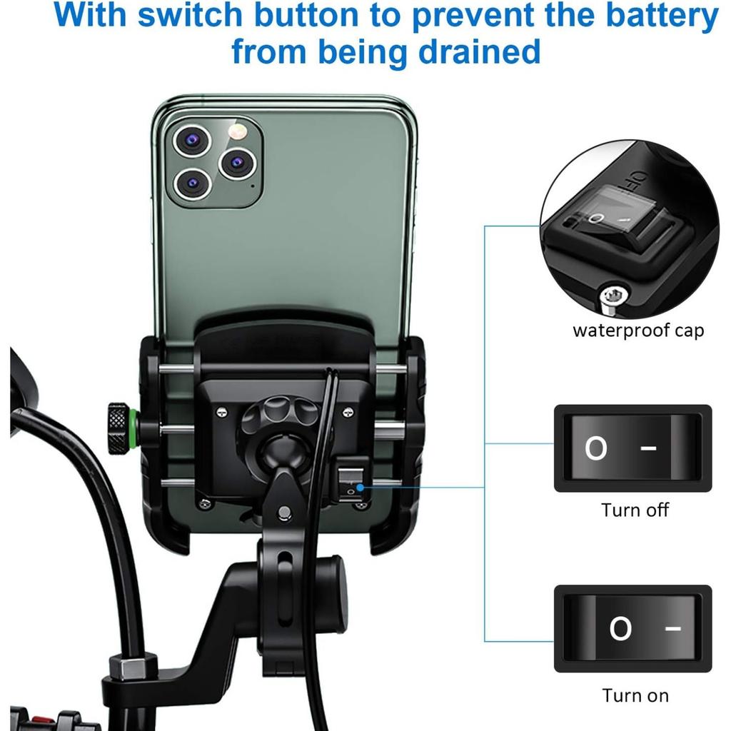 Держатель для телефона на мотоцикл, зарядное устройство, разъем USB/QC 3.0 с выключателем, водонепроницаемый на 360°, зарядное устройство USB, алюминиевый руль/зеркало для просмотра телефонов с диагональю 3,5–6 дюймов