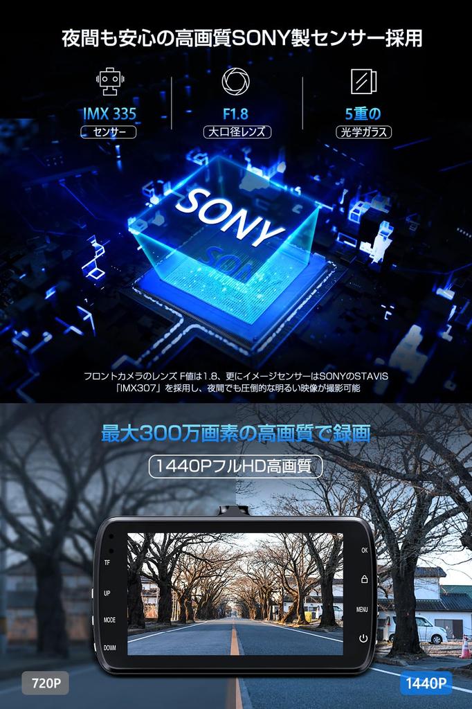 Drive Front and Rear 1440P Full HD Image Infrared Night Vision 170 Degree Small Drive Recorder with 32GB Compatible with Nationwide LED Traffic Lights