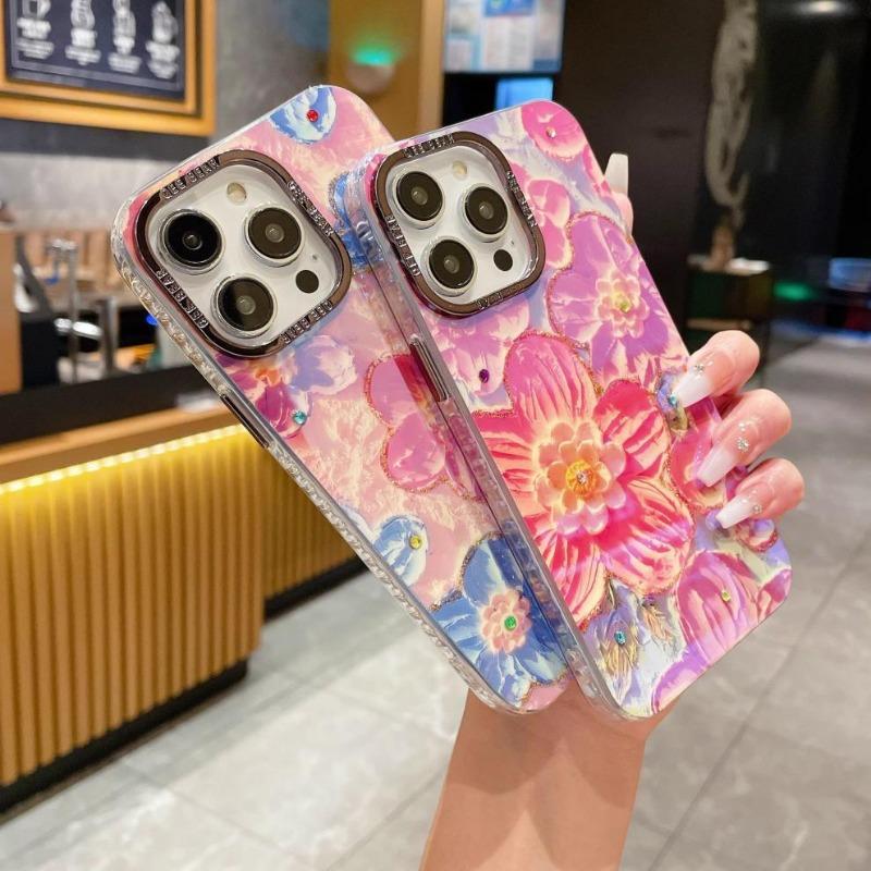 Rhinestone Rainbow Flower Phone Case With Bracelet For Samsung S25 Ultra Iphone 16 Pro Max