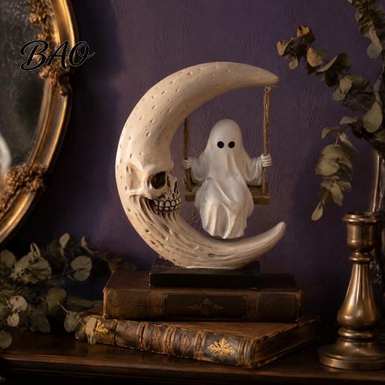 Personalized Birthday Present Halloween Ghost Swing Figurine, Spooky on A Moon Statue, Desk Decoration Resin Gothic Home for Desktop, Mantel,