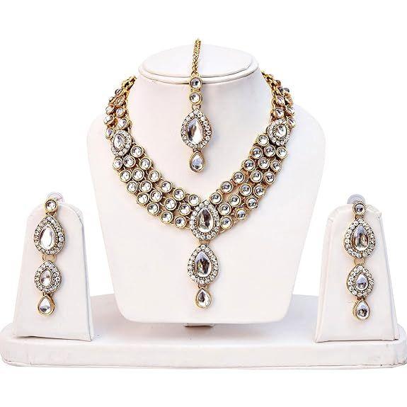 Latest Stylish 18k Gold Plated Traditional Kundan Necklace Jewellery Set for Women