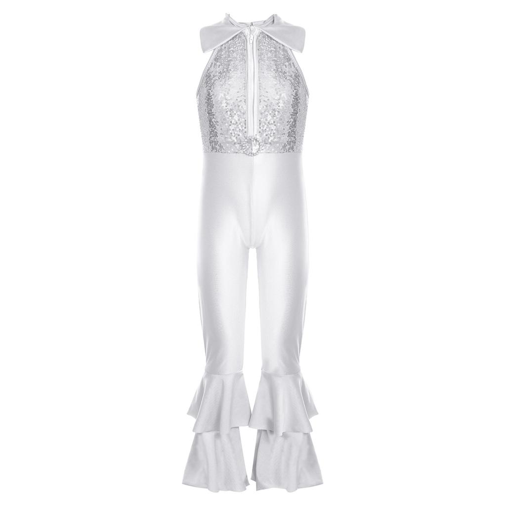 Детская одежда для выступлений, многоуровневые брюки-клеш, трико с пайетками