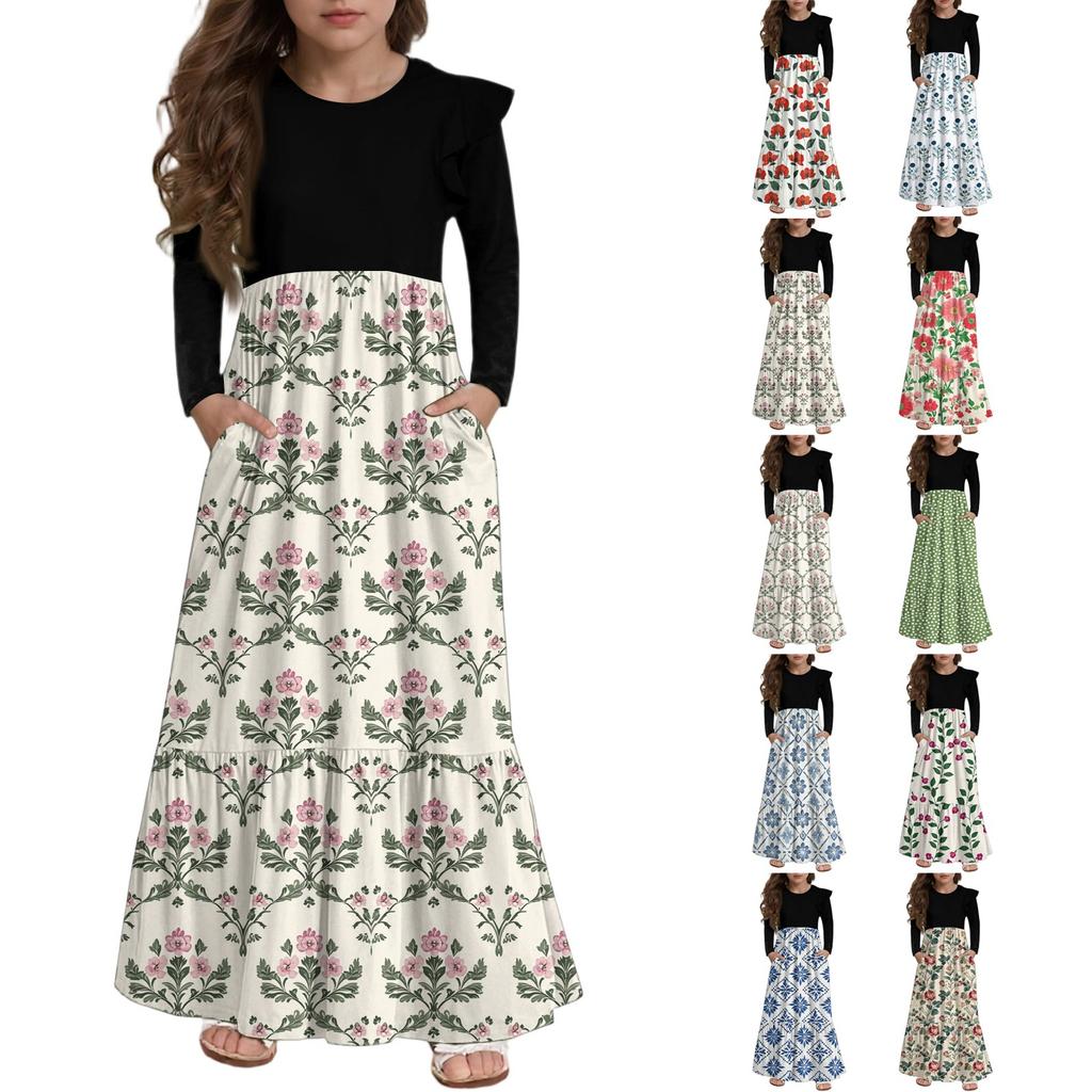 Girls' Tiered Ruffle Dress - Long Sleeve Printed Maxi With Pockets