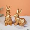 2Pcs Easter Bunny Ornament Carved Golden Rabbit Resin Figurine Animal Statue Home Office Holiday Party Desktop Decoration