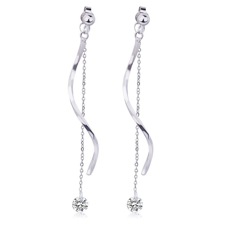 S-shaped Wavy Tassel Rear Hanging Earrings, Women's Flash Diamond Long Earrings, Sweet Temperament, One Pair of Earrings