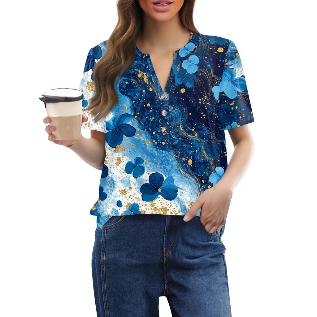 Женский модный повседневный свитер с коротким рукавом и принтом на пуговицах и V-образным вырезом