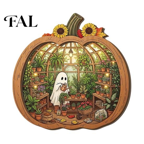 Whimsical Ghost Book Nook Halloween Wooden Tabletop Ornament, 2D Flat Cute Reading Bathing Fall Harvest Home Decoration Watering Plaque with Stand for