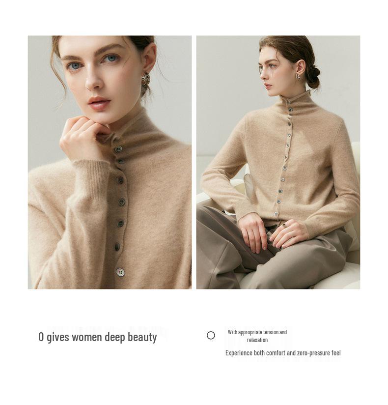 High Neck Cashmere Cardigan: Autumn/Winter Button-Up Rolled Hem Knitwear Sweater for Women.