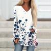Women's Casual Long Sleeved V-neck Floral Print Long Loose T-shirt Top