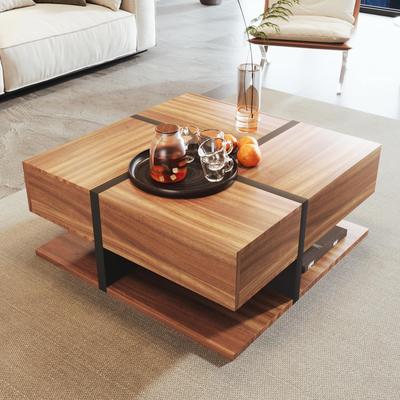 Журнальный столик для гостиной с 4 ящиками, Современный приставной столик, Кофейный столик с двумя полками