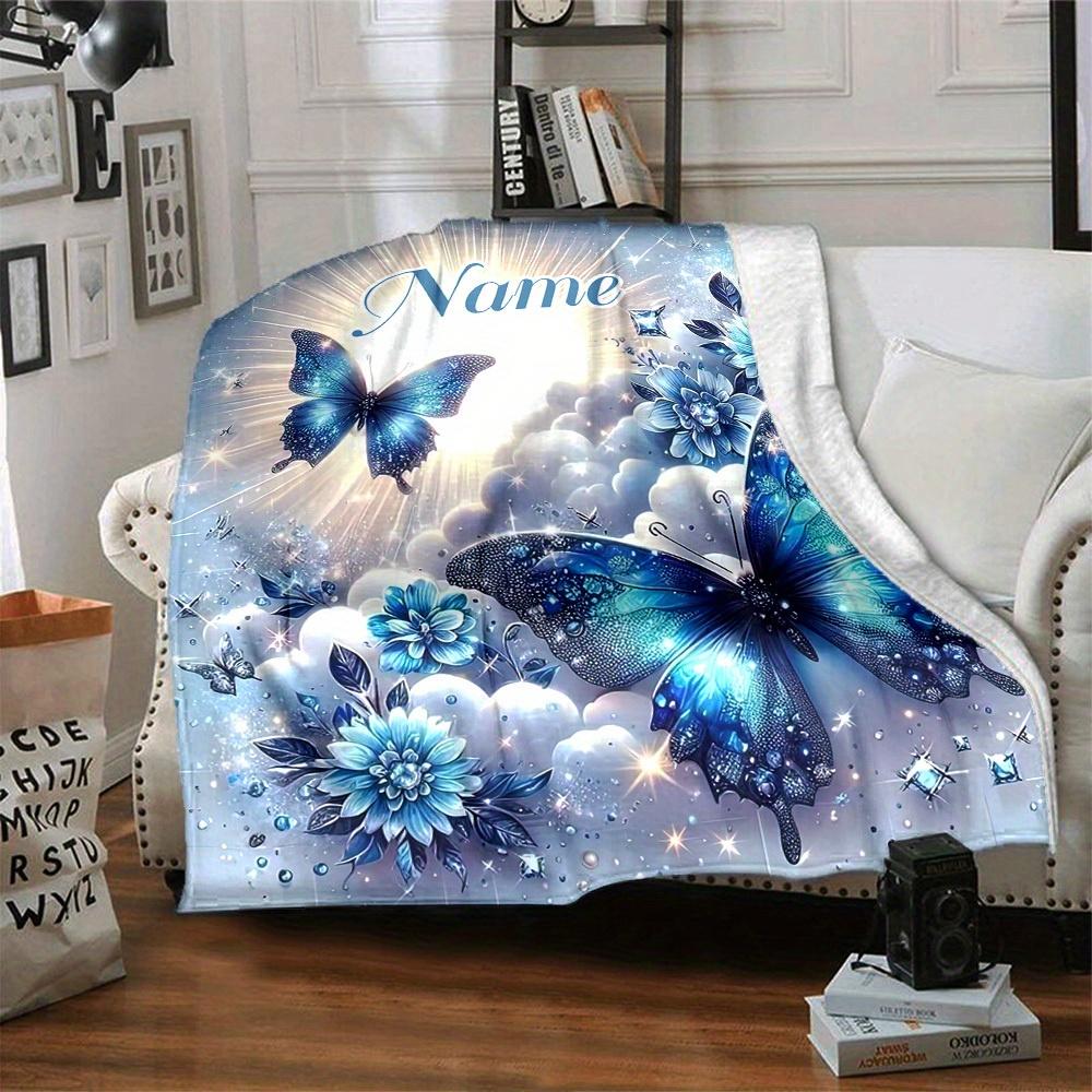 Home Customize Your Name Blue Butterfly Flower Sparkle Blanket Comfortable Soft Lightweight Allseason Multipurpose Blanket For Picnics Sofas Offices